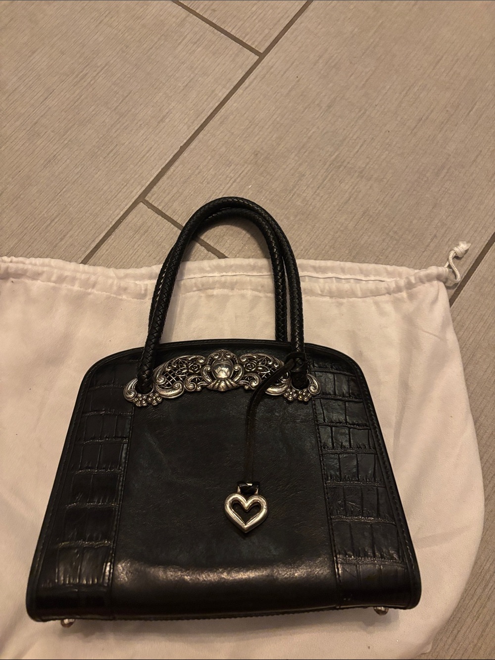 Brighton Black Croc-Embossed Satchel with Silver Filigree Hardware - Picture 2 of 7